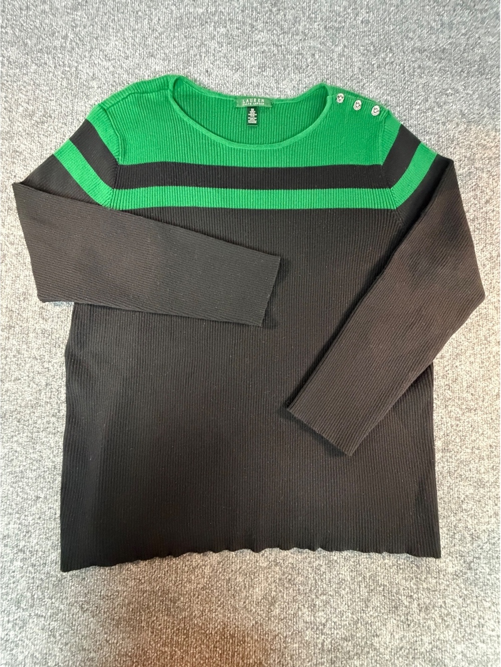 LAUREN Ralph Lauren Black Green Striped Ribbed Knit Button Shoulder Sweater XL